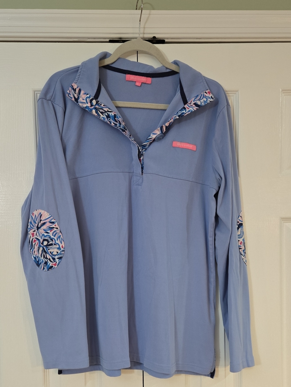 Simply Southern Light Blue Pullover Top with Floral Trim